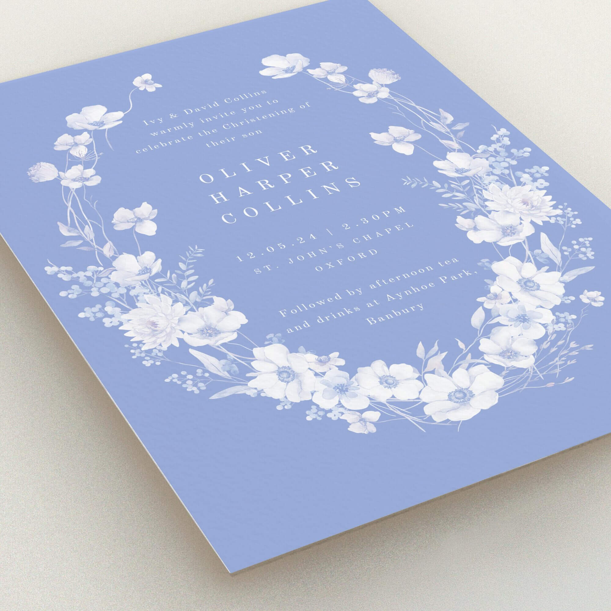 Blue floral christening invitation design with no photos
