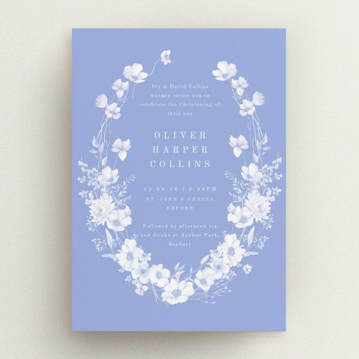 Elegant Christening Invite Blue floral christening invitation design with no photos
