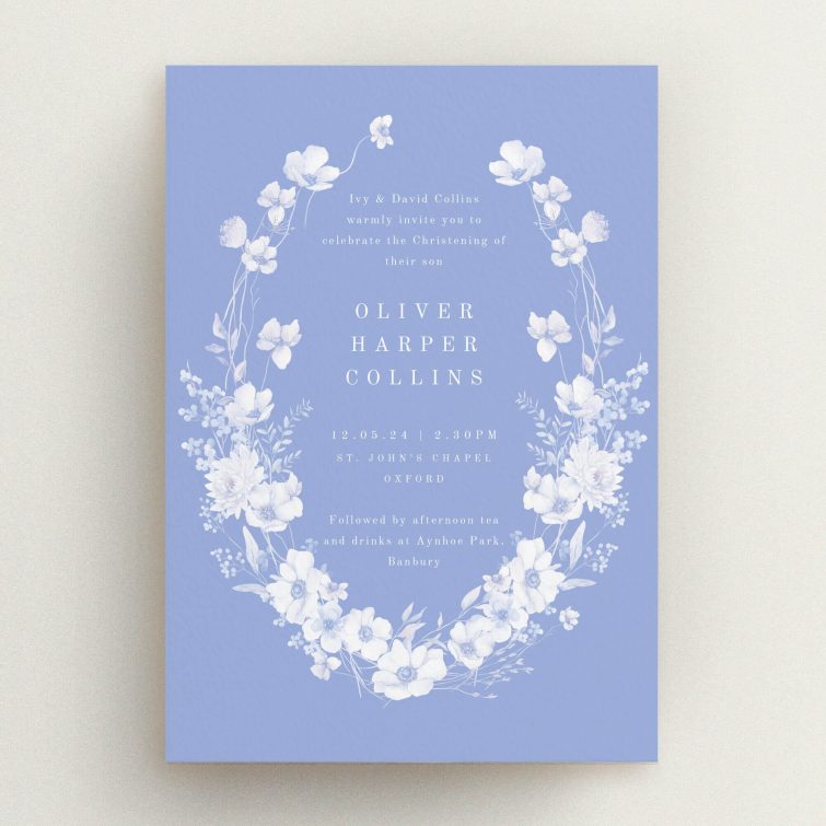 Blue floral christening invitation design with no photos