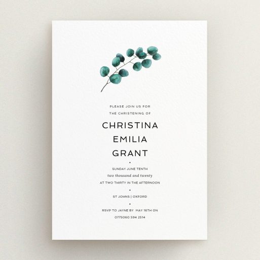 Christening Invitation Design - "Eucalyptus Sprig" A christening invitation template titled "Eucalyptus Sprig". It is an A5 invite in a portrait orientation. "Eucalyptus Sprig" is available as a flat invite, with tones of white and green.