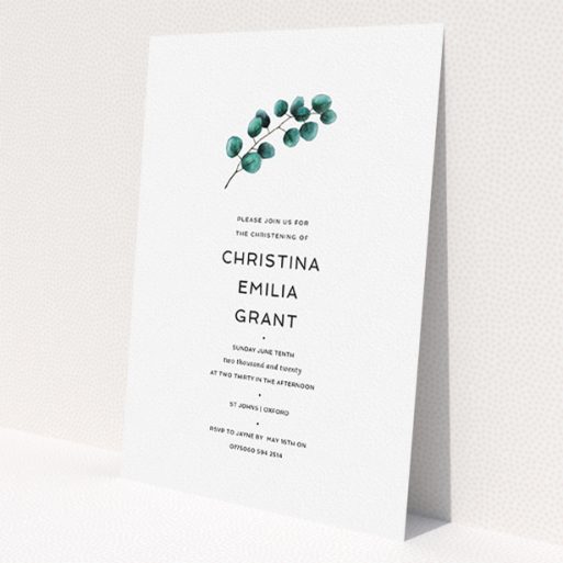 A christening invitation template titled 'Eucalyptus Sprig'. It is an A5 invite in a portrait orientation. 'Eucalyptus Sprig' is available as a flat invite, with tones of white and green.