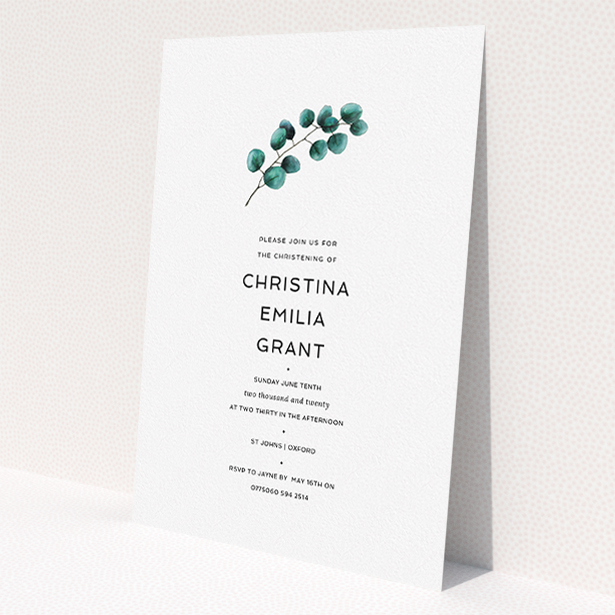 A christening invitation template titled "Eucalyptus Sprig". It is an A5 invite in a portrait orientation. "Eucalyptus Sprig" is available as a flat invite, with tones of white and green.