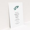 A christening invitation template titled "Eucalyptus Sprig". It is an A5 invite in a portrait orientation. "Eucalyptus Sprig" is available as a flat invite, with tones of white and green.