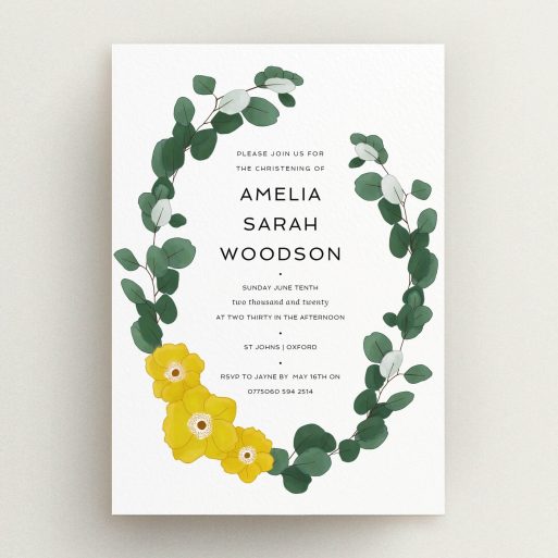 Christening Invitation Design - "Eucalyptus Wreath" A christening invitation named "Eucalyptus Wreath". It is an A5 invite in a portrait orientation. "Eucalyptus Wreath" is available as a flat invite, with tones of green and yellow.