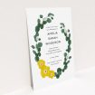 A christening invitation named "Eucalyptus Wreath". It is an A5 invite in a portrait orientation. "Eucalyptus Wreath" is available as a flat invite, with tones of green and yellow.