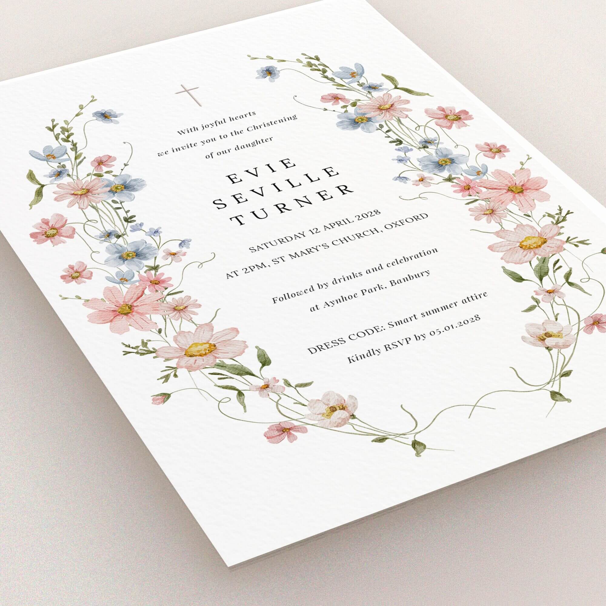 Floral christening invitation design with delicate pastel flowers and elegant typography, featuring one image.