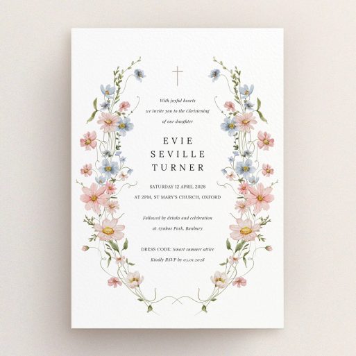 Floral Christening Invitation Floral christening invitation design with delicate pastel flowers and elegant typography, featuring one image.