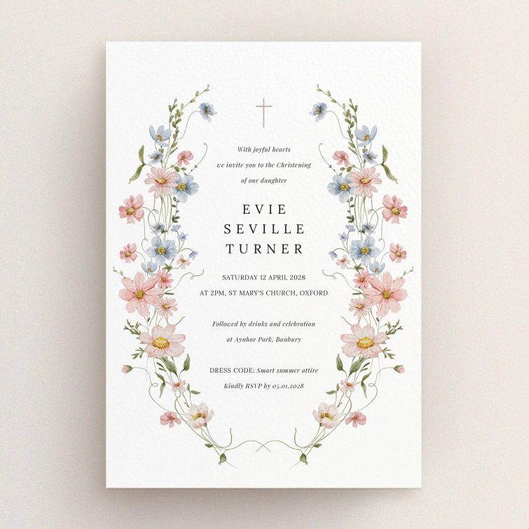Floral christening invitation design with delicate pastel flowers and elegant typography, featuring one image.