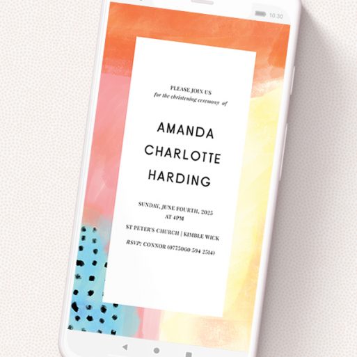 A christening invitation for whatsapp design named 'Abstract Pastels'. It is a smartphone screen sized invite in a portrait orientation. 'Abstract Pastels' is available as a flat invite, with tones of orange, red and yellow.