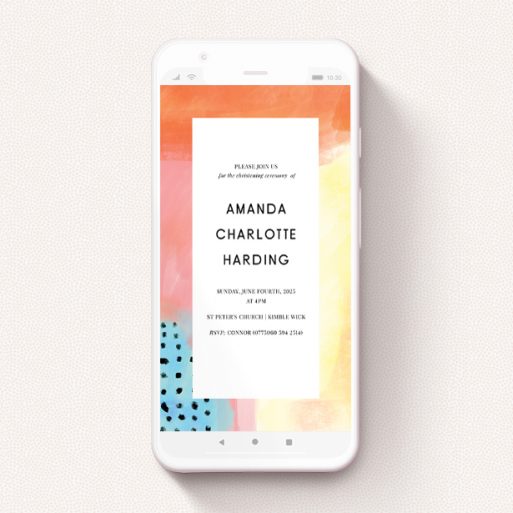 A christening invitation for whatsapp design named "Abstract Pastels". It is a smartphone screen sized invite in a portrait orientation. "Abstract Pastels" is available as a flat invite, with tones of orange, red and yellow.