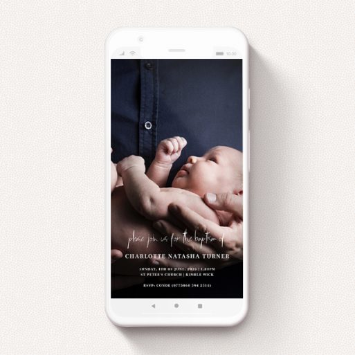 A christening invitation for whatsapp design titled "At the Bottom". It is a smartphone screen sized invite in a portrait orientation. It is a photographic christening invitation for whatsapp with room for 1 photo. "At the Bottom" is available as a flat invite, with mainly white colouring.
