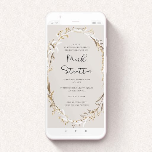 A christening invitation for whatsapp template titled "Autumnal Wreath". It is a smartphone screen sized invite in a portrait orientation. "Autumnal Wreath" is available as a flat invite, with tones of cream, gold and white.