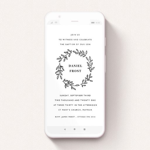 A christening invitation for whatsapp named "Black Outline Wreath". It is a smartphone screen sized invite in a portrait orientation. "Black Outline Wreath" is available as a flat invite, with tones of black and white.
