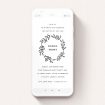 A christening invitation for whatsapp named "Black Outline Wreath". It is a smartphone screen sized invite in a portrait orientation. "Black Outline Wreath" is available as a flat invite, with tones of black and white.