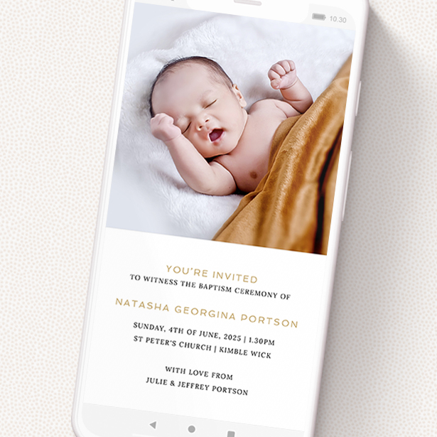 A christening invitation for whatsapp design titled 'Black with Gold'. It is a smartphone screen sized invite in a portrait orientation. It is a photographic christening invitation for whatsapp with room for 1 photo. 'Black with Gold' is available as a flat invite, with tones of white and Gold.