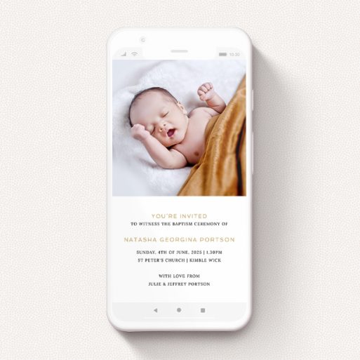 A christening invitation for whatsapp design titled "Black with Gold". It is a smartphone screen sized invite in a portrait orientation. It is a photographic christening invitation for whatsapp with room for 1 photo. "Black with Gold" is available as a flat invite, with tones of white and Gold.