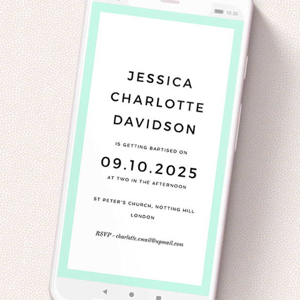 A christening invitation for whatsapp called 'Blue Border'. It is a smartphone screen sized invite in a portrait orientation. 'Blue Border' is available as a flat invite, with tones of green and white.