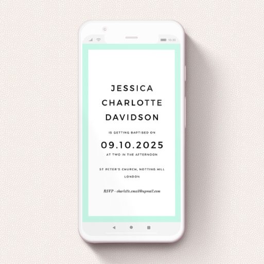 A christening invitation for whatsapp called "Blue Border". It is a smartphone screen sized invite in a portrait orientation. "Blue Border" is available as a flat invite, with tones of green and white.