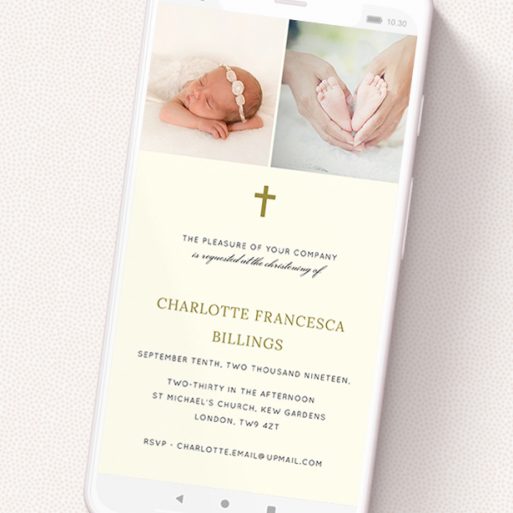 A christening invitation for whatsapp called 'Bold Gold'. It is a smartphone screen sized invite in a portrait orientation. It is a photographic christening invitation for whatsapp with room for 2 photos. 'Bold Gold' is available as a flat invite, with mainly cream colouring.