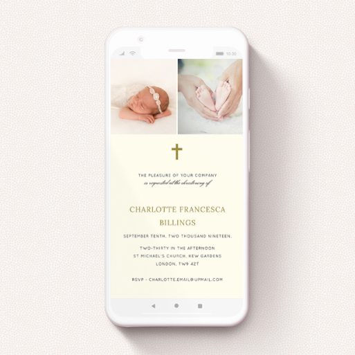 A christening invitation for whatsapp called "Bold Gold". It is a smartphone screen sized invite in a portrait orientation. It is a photographic christening invitation for whatsapp with room for 2 photos. "Bold Gold" is available as a flat invite, with mainly cream colouring.