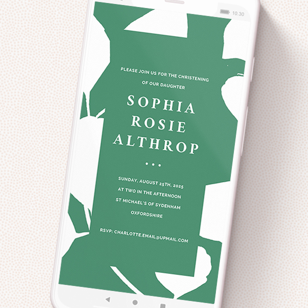 A christening invitation for whatsapp template titled 'Bold Green Florals'. It is a smartphone screen sized invite in a portrait orientation. 'Bold Green Florals' is available as a flat invite, with tones of green and white.