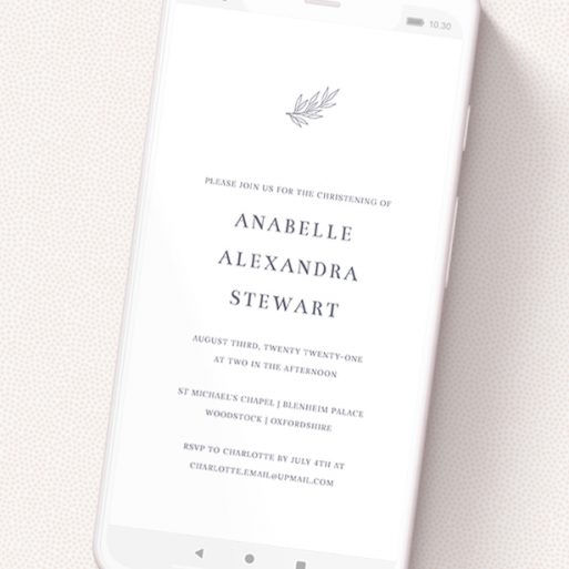 A christening invitation for whatsapp design named 'Botanic Header'. It is a smartphone screen sized invite in a portrait orientation. 'Botanic Header' is available as a flat invite, with tones of white and grey.