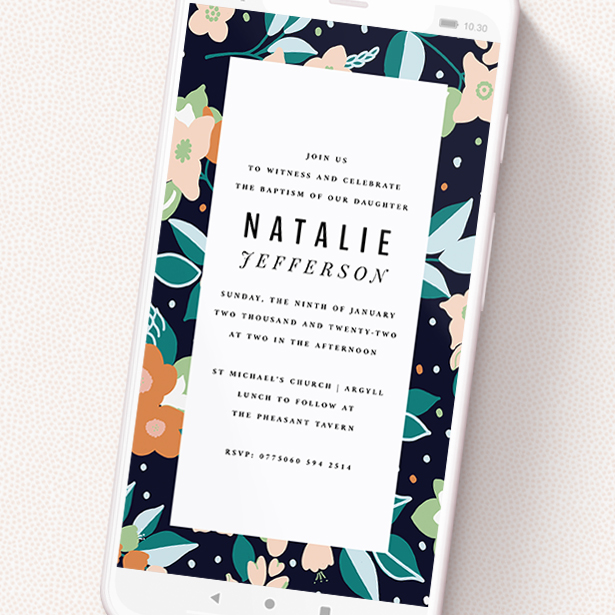A christening invitation for whatsapp design called 'Dark Garden'. It is a smartphone screen sized invite in a portrait orientation. 'Dark Garden' is available as a flat invite, with tones of navy blue, pink and orange.