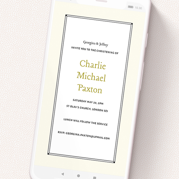A christening invitation for whatsapp design called 'Deco Cream'. It is a smartphone screen sized invite in a portrait orientation. 'Deco Cream' is available as a flat invite, with mainly cream colouring.