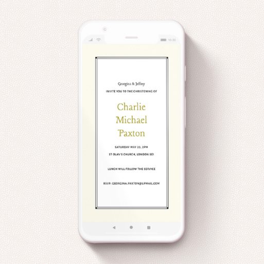 A christening invitation for whatsapp design called "Deco Cream". It is a smartphone screen sized invite in a portrait orientation. "Deco Cream" is available as a flat invite, with mainly cream colouring.