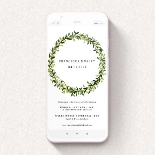 A christening invitation for whatsapp named "Deep Green Summer". It is a smartphone screen sized invite in a portrait orientation. "Deep Green Summer" is available as a flat invite, with tones of light green and dark green.