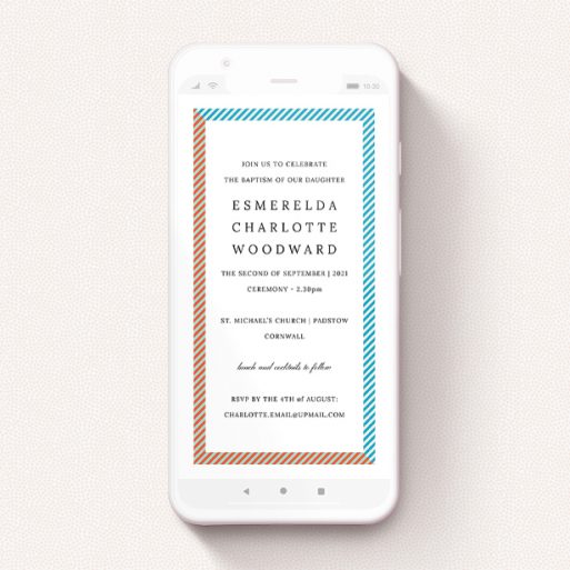 A christening invitation for whatsapp design titled "Diagonal Border". It is a smartphone screen sized invite in a portrait orientation. "Diagonal Border" is available as a flat invite, with tones of white and light blue.
