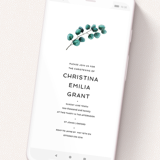 A christening invitation for whatsapp design named 'Eucalyptus Branch'. It is a smartphone screen sized invite in a portrait orientation. 'Eucalyptus Branch' is available as a flat invite, with tones of white and green.