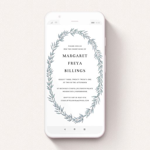 A christening invitation for whatsapp design called "Ice Blue Wreath". It is a smartphone screen sized invite in a portrait orientation. "Ice Blue Wreath" is available as a flat invite, with tones of blue and white.