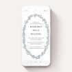 A christening invitation for whatsapp design called "Ice Blue Wreath". It is a smartphone screen sized invite in a portrait orientation. "Ice Blue Wreath" is available as a flat invite, with tones of blue and white.