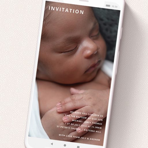 A christening invitation for whatsapp named 'In the Corners'. It is a smartphone screen sized invite in a portrait orientation. It is a photographic christening invitation for whatsapp with room for 1 photo. 'In the Corners' is available as a flat invite, with mainly white colouring.