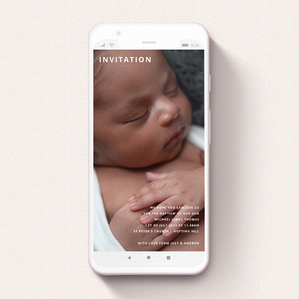 A christening invitation for whatsapp named "In the Corners". It is a smartphone screen sized invite in a portrait orientation. It is a photographic christening invitation for whatsapp with room for 1 photo. "In the Corners" is available as a flat invite, with mainly white colouring.