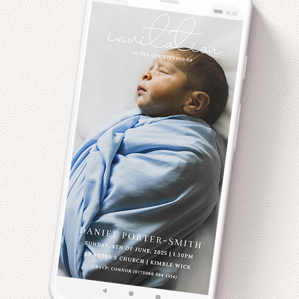 A christening invitation for whatsapp template titled 'Looped Type'. It is a smartphone screen sized invite in a portrait orientation. It is a photographic christening invitation for whatsapp with room for 1 photo. 'Looped Type' is available as a flat invite, with mainly white colouring.