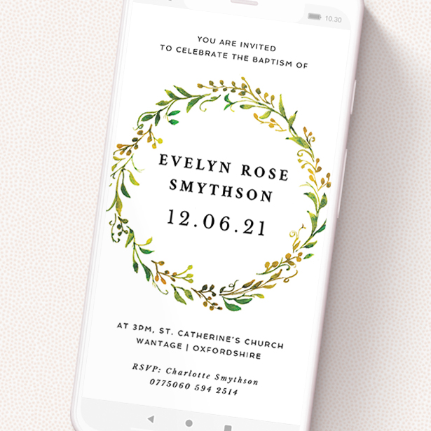 A christening invitation for whatsapp design titled 'Modern Spring Wreath'. It is a smartphone screen sized invite in a portrait orientation. 'Modern Spring Wreath' is available as a flat invite, with tones of green, orange and yellow.
