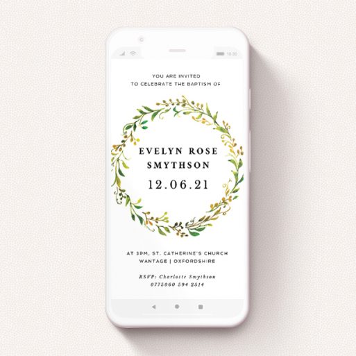 A christening invitation for whatsapp design titled "Modern Spring Wreath". It is a smartphone screen sized invite in a portrait orientation. "Modern Spring Wreath" is available as a flat invite, with tones of green, orange and yellow.