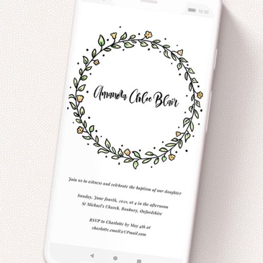 A christening invitation for whatsapp called 'Modern Wreath'. It is a smartphone screen sized invite in a portrait orientation. 'Modern Wreath' is available as a flat invite, with tones of light green and orange.