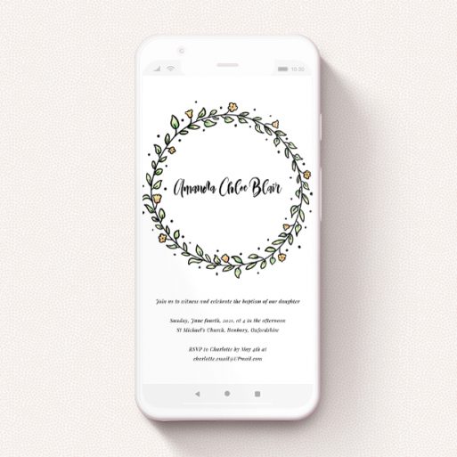 A christening invitation for whatsapp called "Modern Wreath". It is a smartphone screen sized invite in a portrait orientation. "Modern Wreath" is available as a flat invite, with tones of light green and orange.