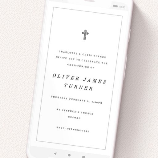 A christening invitation for whatsapp design called 'Ornate Crucifix'. It is a smartphone screen sized invite in a portrait orientation. 'Ornate Crucifix' is available as a flat invite, with tones of white and grey.