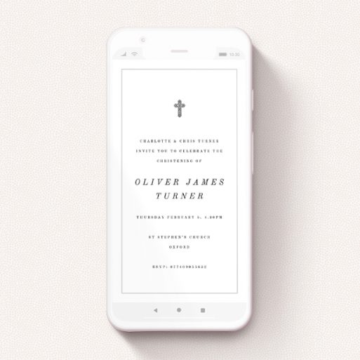 A christening invitation for whatsapp design called "Ornate Crucifix". It is a smartphone screen sized invite in a portrait orientation. "Ornate Crucifix" is available as a flat invite, with tones of white and grey.