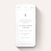 A christening invitation for whatsapp design called "Ornate Crucifix". It is a smartphone screen sized invite in a portrait orientation. "Ornate Crucifix" is available as a flat invite, with tones of white and grey.