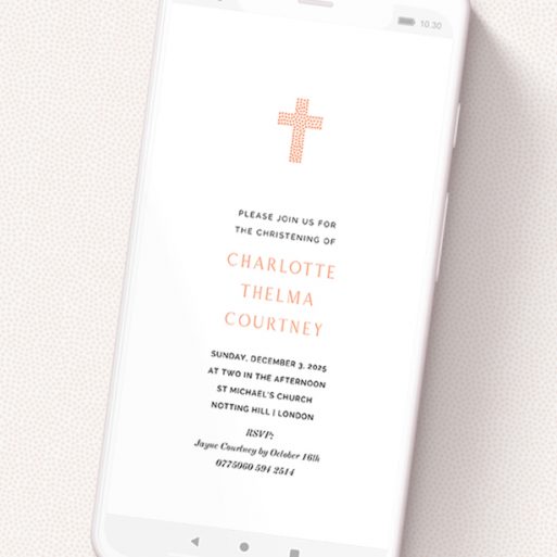 A christening invitation for whatsapp named 'Peach Heart Cross'. It is a smartphone screen sized invite in a portrait orientation. 'Peach Heart Cross' is available as a flat invite, with tones of white and pink.