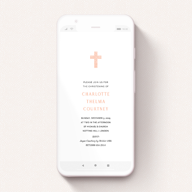A christening invitation for whatsapp named "Peach Heart Cross". It is a smartphone screen sized invite in a portrait orientation. "Peach Heart Cross" is available as a flat invite, with tones of white and pink.