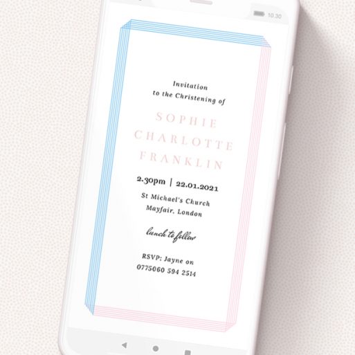 A christening invitation for whatsapp template titled 'Pink and Blue Border'. It is a smartphone screen sized invite in a portrait orientation. 'Pink and Blue Border' is available as a flat invite, with tones of blue and pink.