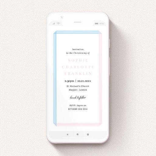 A christening invitation for whatsapp template titled "Pink and Blue Border". It is a smartphone screen sized invite in a portrait orientation. "Pink and Blue Border" is available as a flat invite, with tones of blue and pink.
