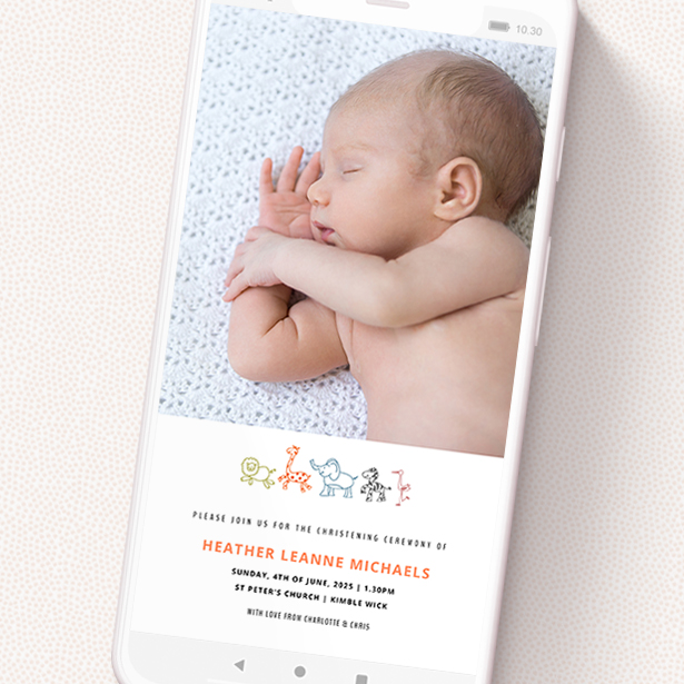 A christening invitation for whatsapp template titled 'Playground Safari'. It is a smartphone screen sized invite in a portrait orientation. It is a photographic christening invitation for whatsapp with room for 1 photo. 'Playground Safari' is available as a flat invite, with tones of white and orange.