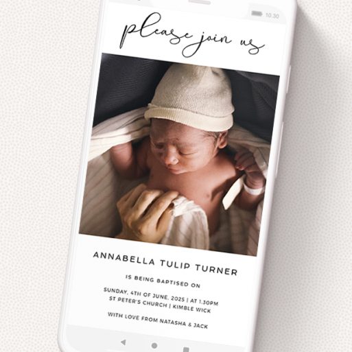 A christening invitation for whatsapp design called 'Please Join Us'. It is a smartphone screen sized invite in a portrait orientation. It is a photographic christening invitation for whatsapp with room for 1 photo. 'Please Join Us' is available as a flat invite, with mainly white colouring.